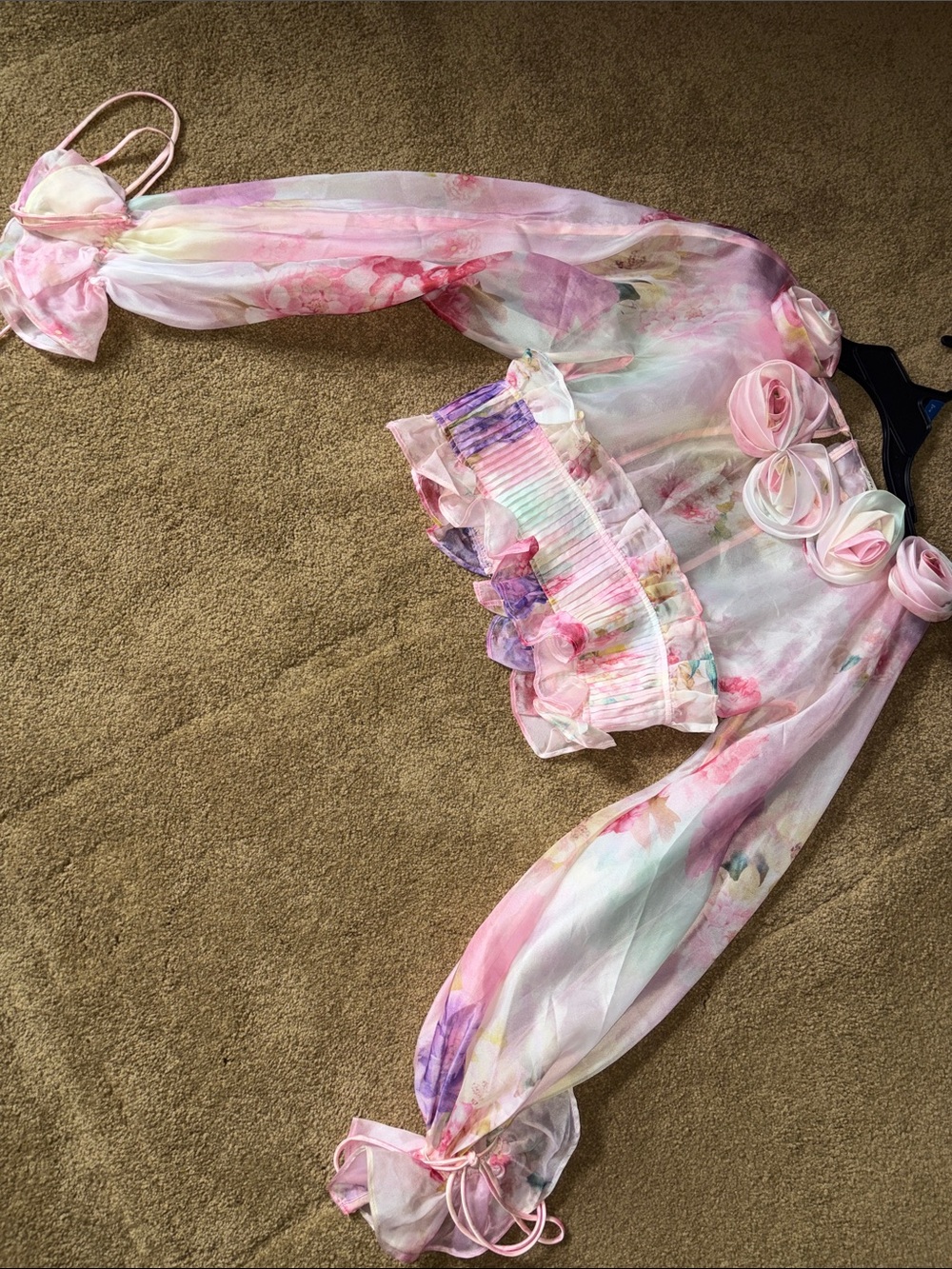 For Love & Lemons Pink Floral Sheer Crop Top with Purple Accents